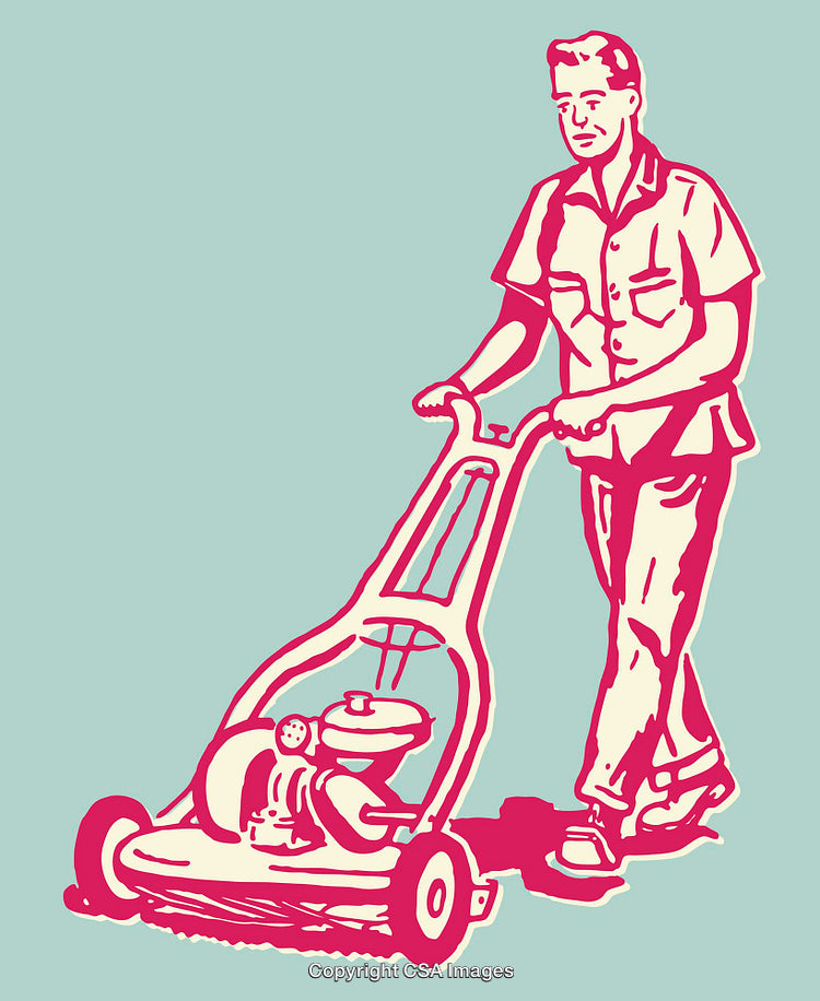 Colorful Line Art Illustration of a Man Mowing the Lawn