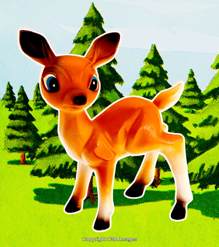 Toy Deer Figurine in Forest Setting with Bright Green Background