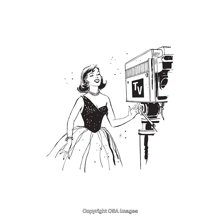 Black and White Retro Illustration of Woman in Elegant Attire with TV Camera