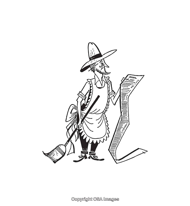 Vintage Line Art Illustration of a Character Reading a Long Scroll