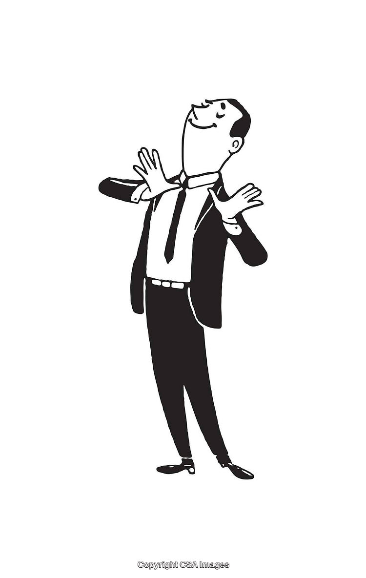 Black and White Illustration of a Man in Business Attire Gesturing Cheerfully