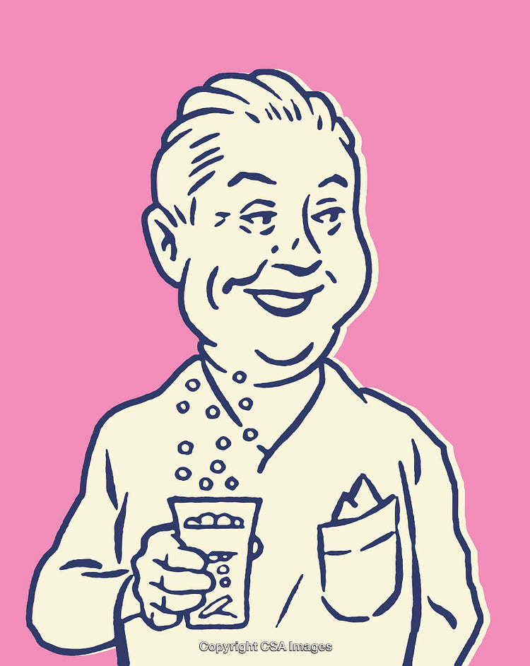 Cheerful Line Art Illustration of Man Holding a Drink on Pink Background
