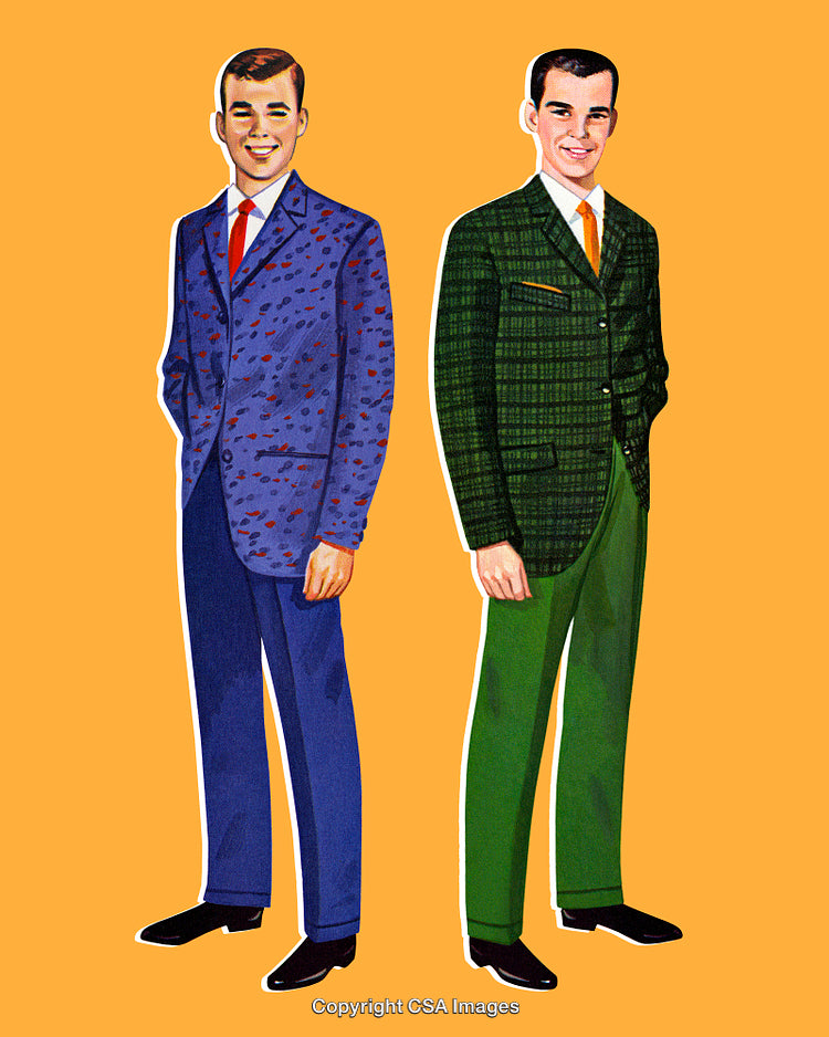 Retro Styled Men in Formal Attire Portrait Against Orange Background