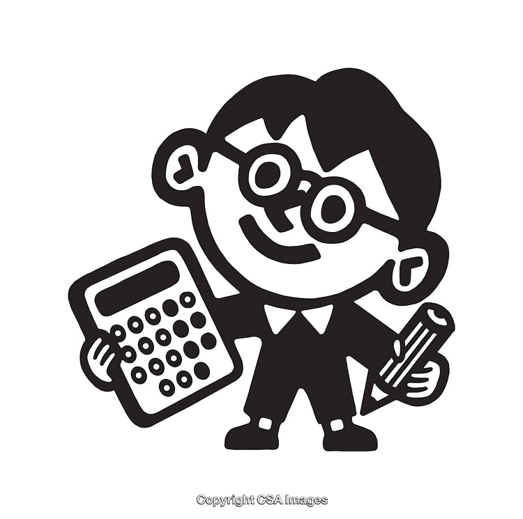 Black and White Illustration of Character Holding Calculator and Pencil