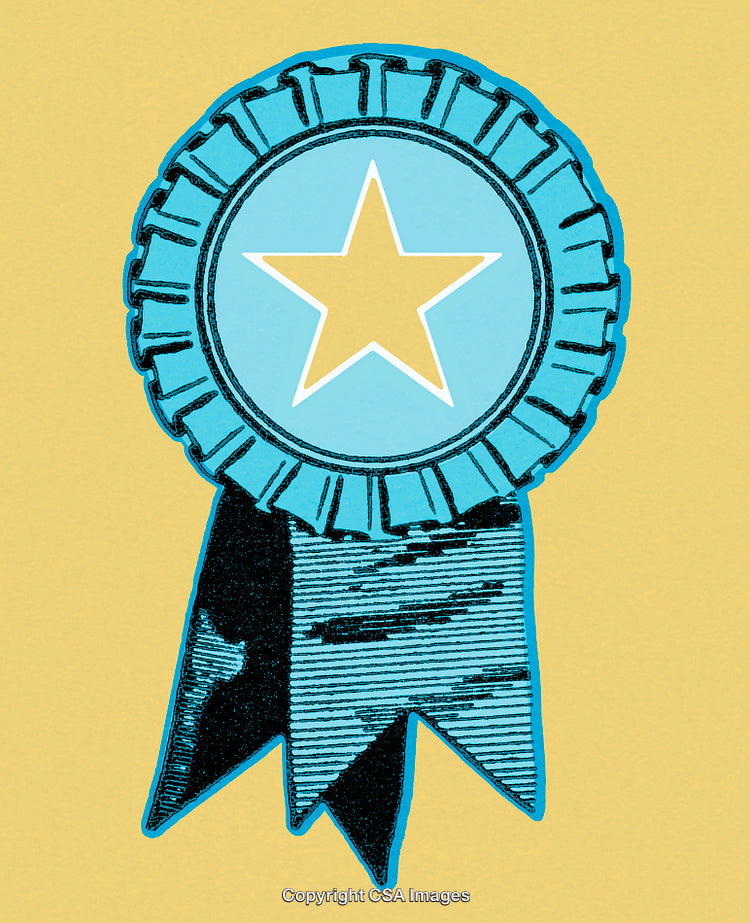 Blue Award Ribbon with Star on Yellow Background Featuring Vintage Style
