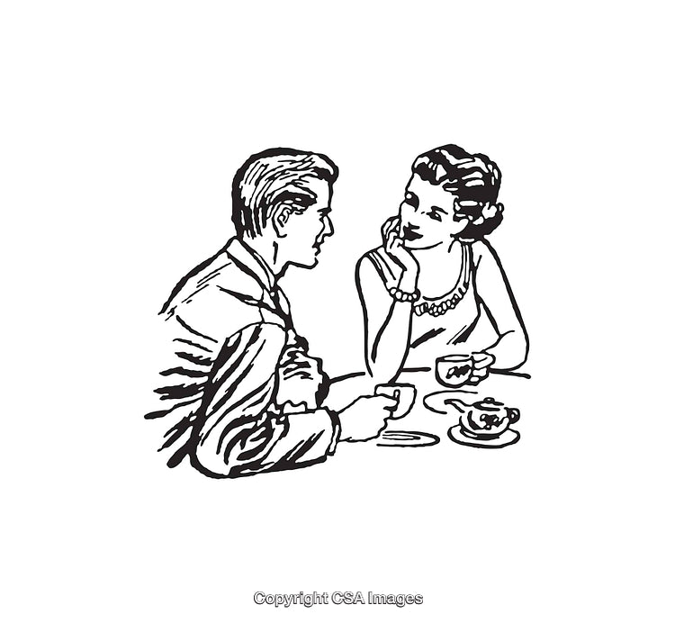 Vintage Line Art of a Couple Conversing Over Coffee in Black and White