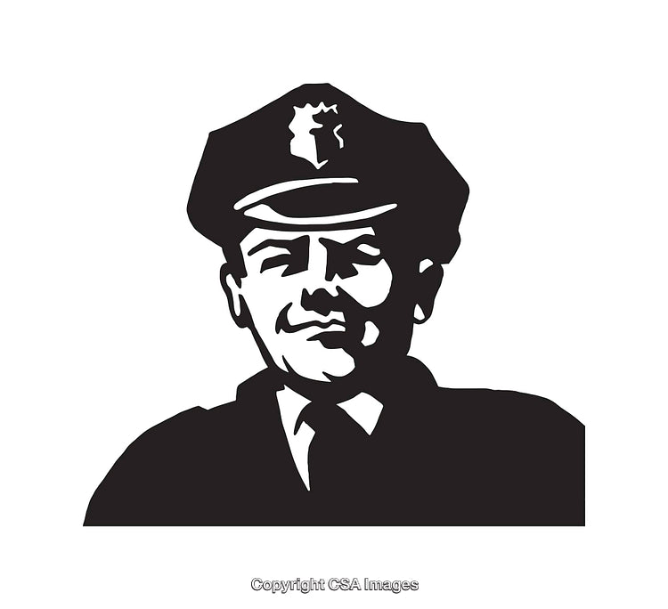 Black and White Line Art Illustration of a Uniformed Police Officer