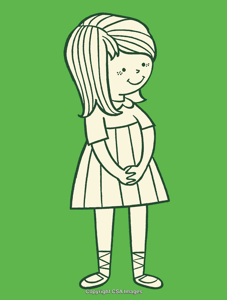 Colorful Line Art Drawing of a Happy Young Girl in a Dress