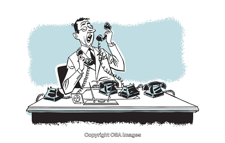 Illustration of Overwhelmed Office Worker Handling Multiple Phones