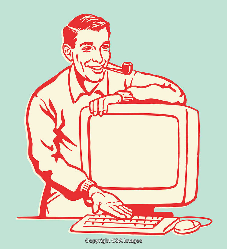 Retro Styled Man with Computer and Keyboard in Line Art Drawing