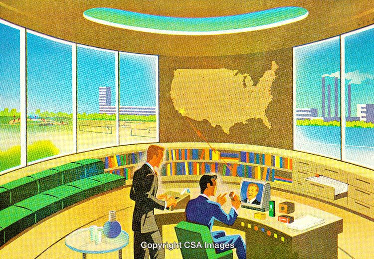 Futuristic Business Meeting Depicting Innovative Technology and Collaborative Work Environments