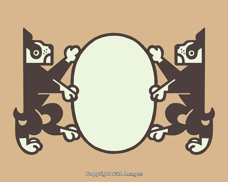 Decorative Line Art of Symmetrical Dogs Holding a Blank Oval Emblem