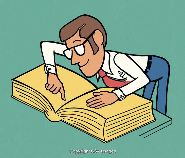 Cartoon Illustration of Man Studying a Book on a Desk
