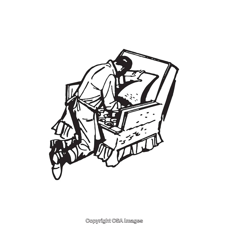 Black and White Illustration of a Kneeling Painter Near a Piece of Furniture