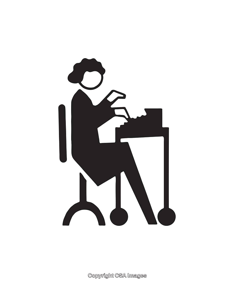 Silhouette Icon of a Person Using a Typewriter in Black and White
