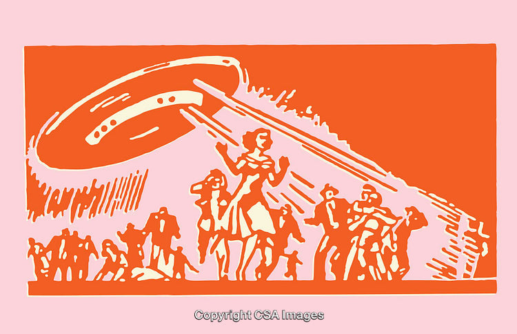 Retro Style Illustration of UFO and People in Panic Scene