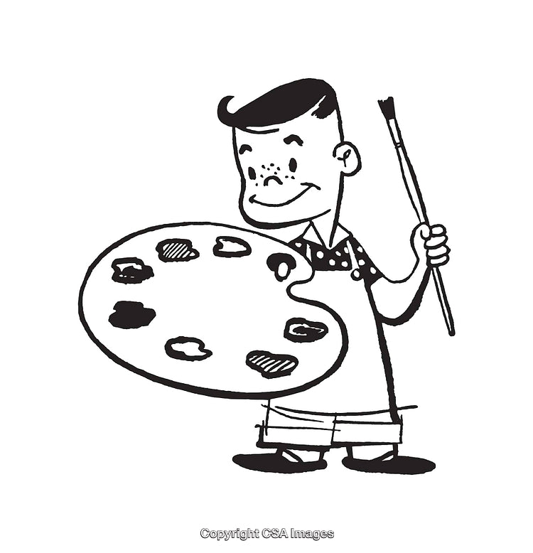 Black and White Illustration of a Painter With Palette and Brush
