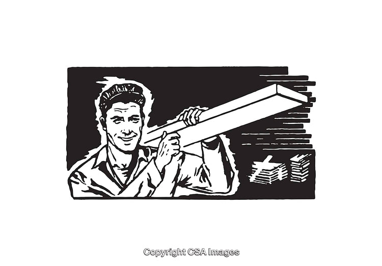 Man Holding a Wooden Plank in Black and White Artwork