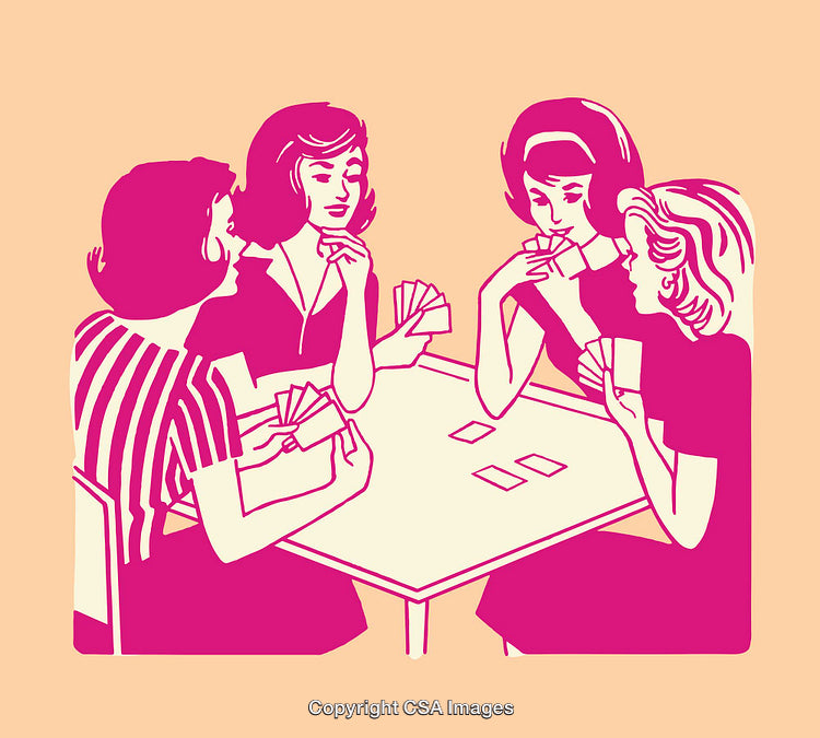 Women Playing Cards in Retro Style Color Line Artwork