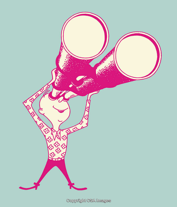 Playful Illustration of a Person Using Large Binoculars with Floral Shirt Design