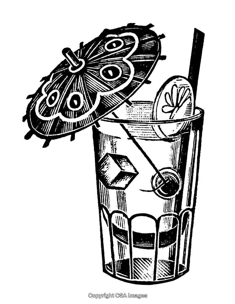 Engraved Illustration of Tropical Drink with Decorative Umbrella and Garnish