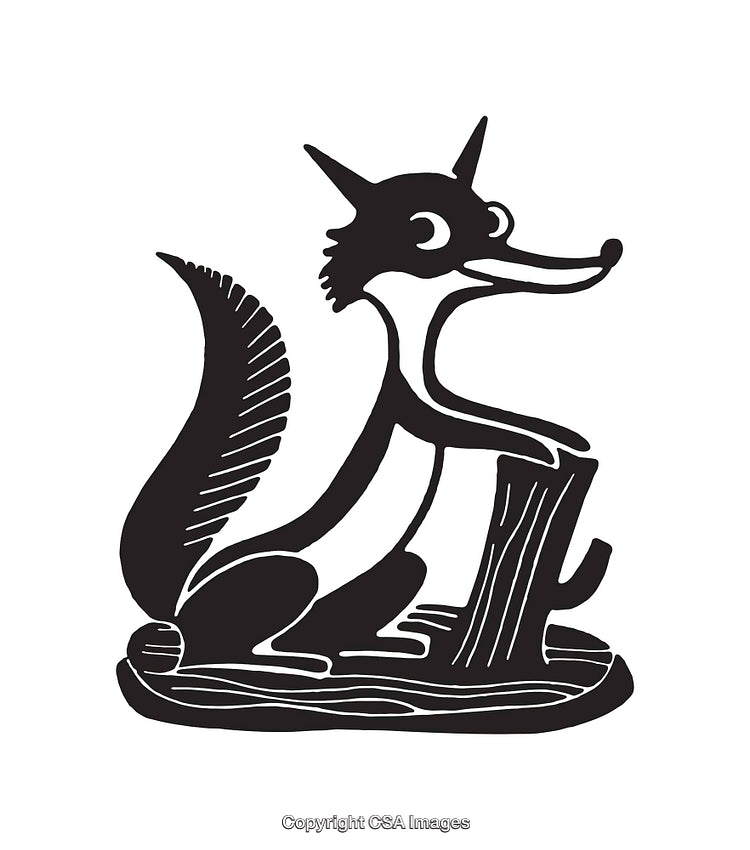 Black and White Line Art Illustration of a Stylized Fox on a Log