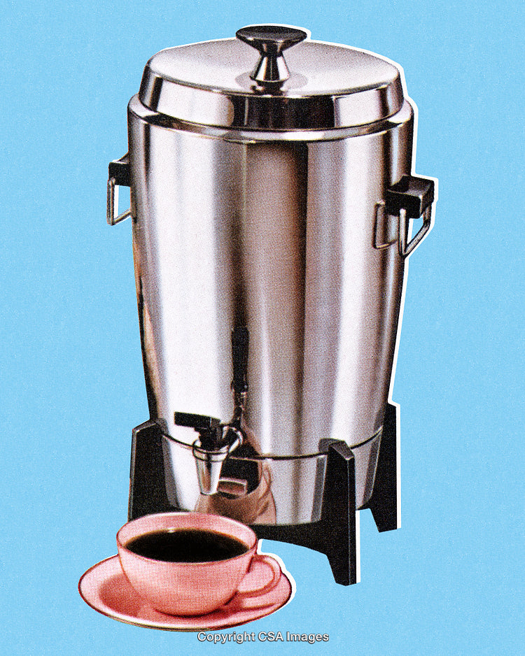 Metal Coffee Dispenser With Cup on Blue Background