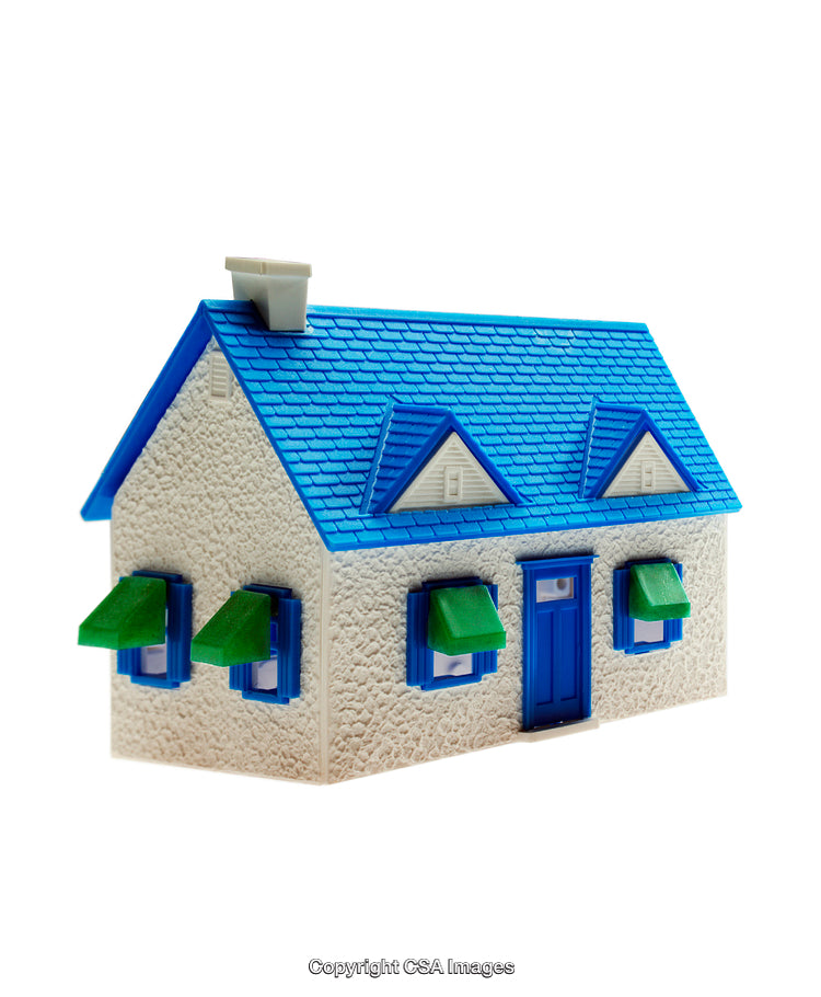 Toy House Model Featuring Blue Roof and Green Window Awnings