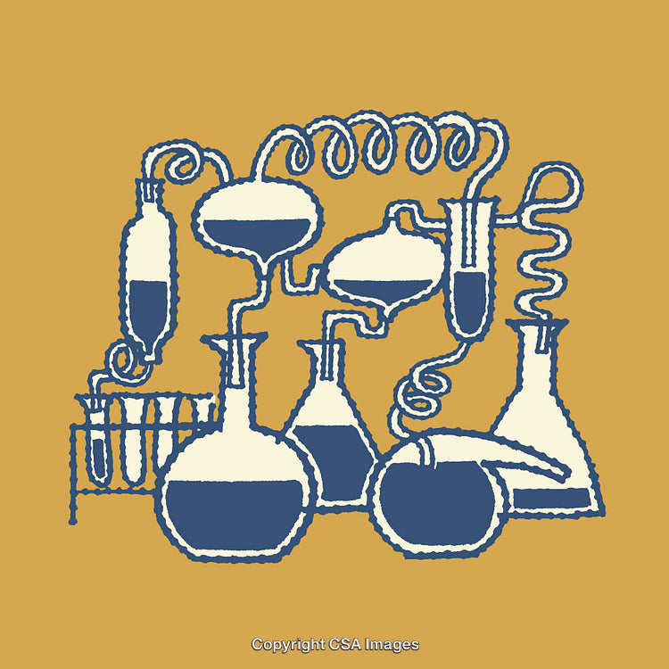 Vintage Chemistry Laboratory Illustration with Distillation Glassware and Equipment on Yellow