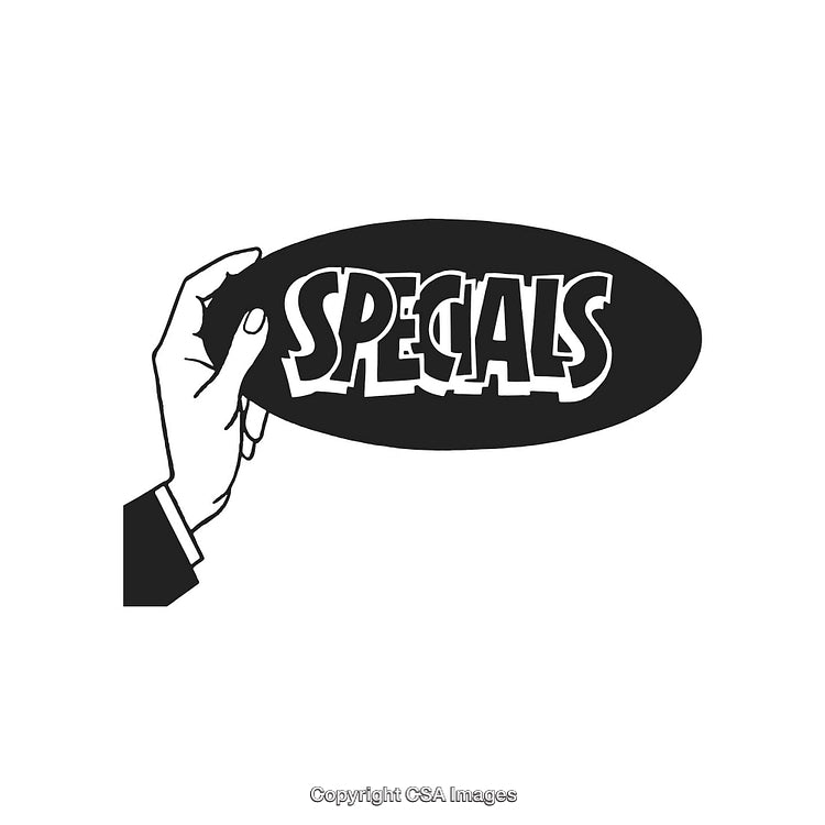 Hand Holding Sticker with Specials Message in Black and White Design