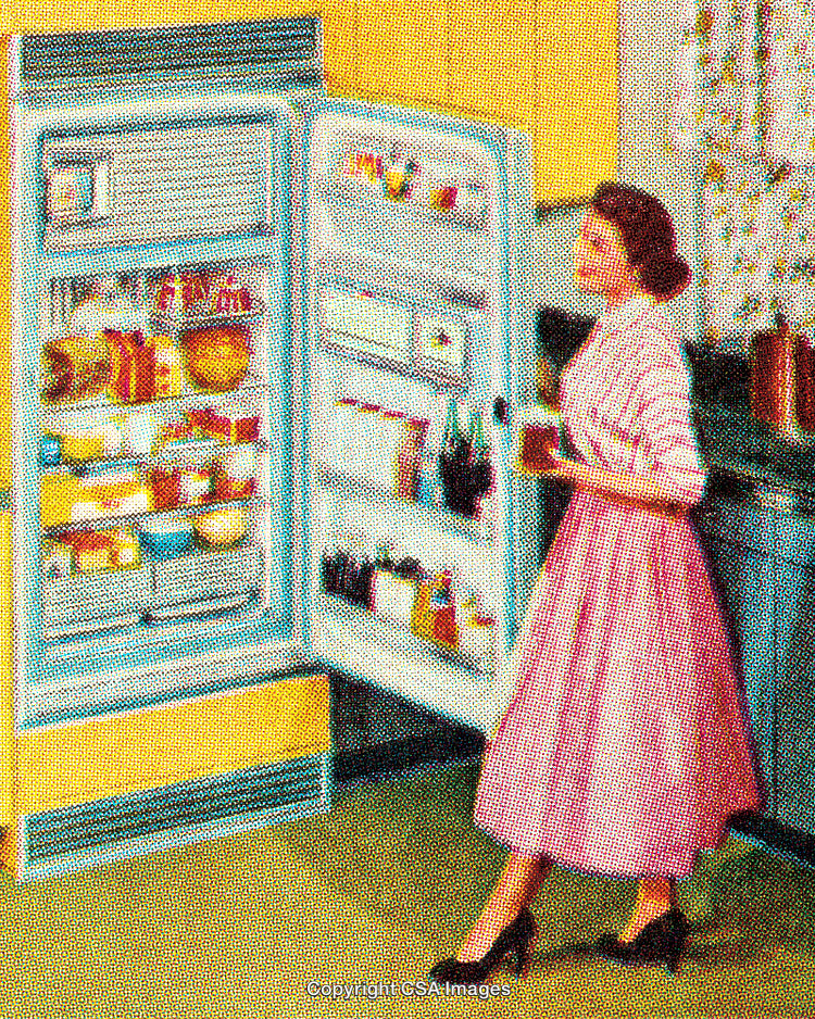 Retro Kitchen Scene with Open Refrigerator and Woman in Pink Dress