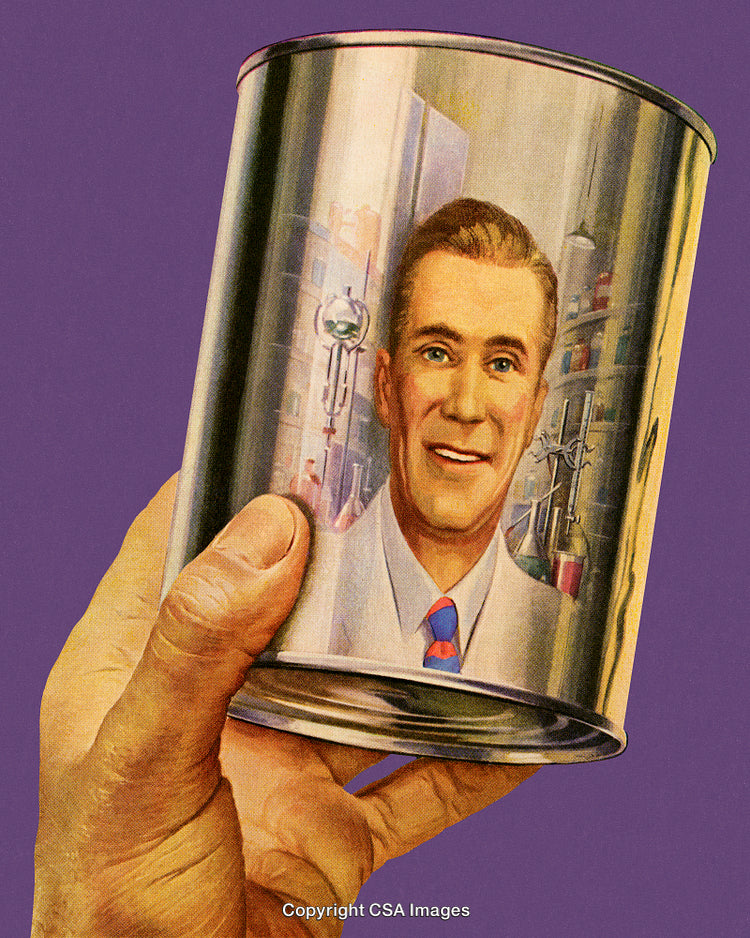 Hand Holding a Decorative Tin Can with Portrait on Purple Background