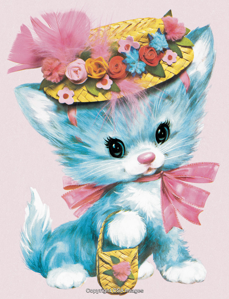 Adorable Blue Cartoon Cat Wearing Decorative Hat and Pink Bow