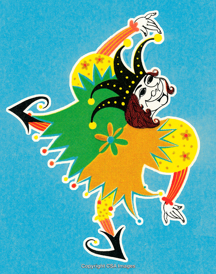 Colorful Jester Illustration on Vibrant Blue Background
