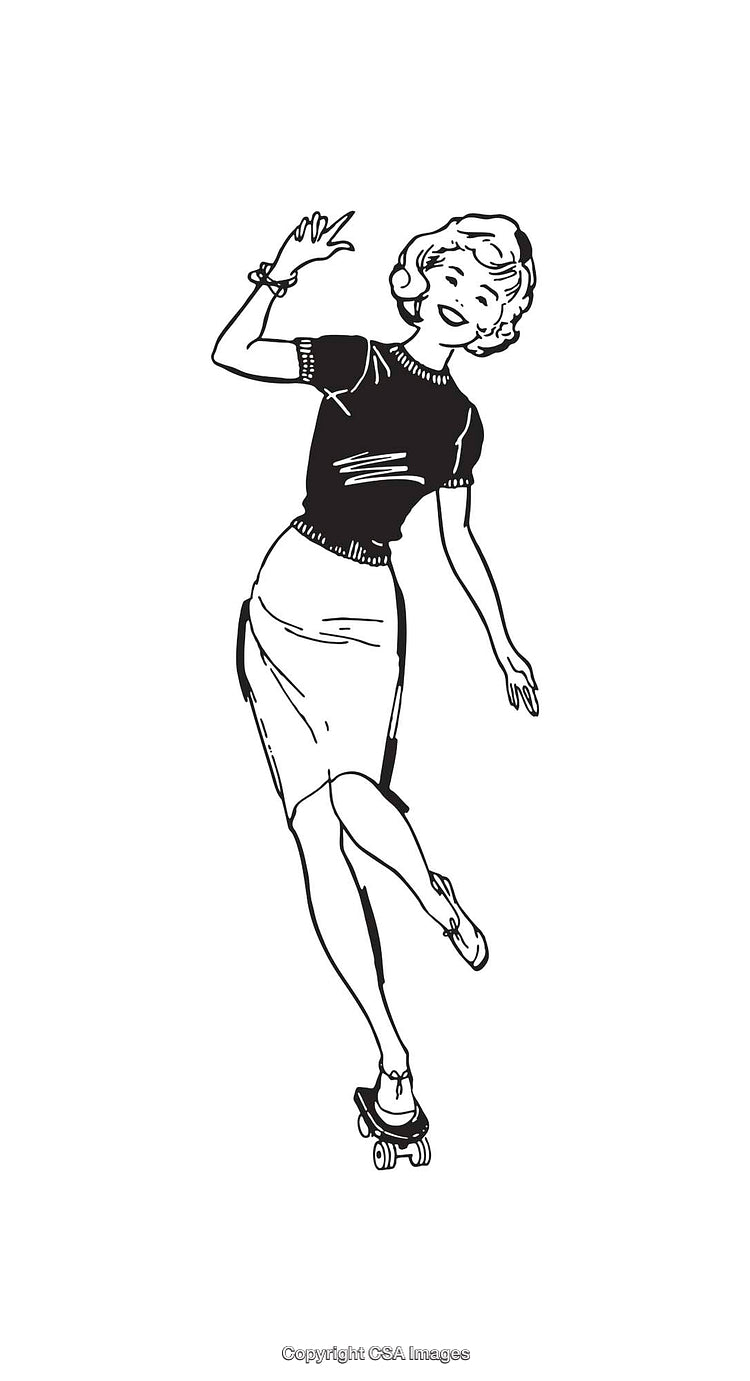 Retro Line Art of Woman Roller Skating in Stylish Monochrome Design