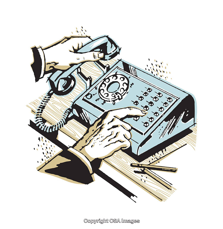 Vintage Style Illustration of Hands Using Retro Rotary Telephone