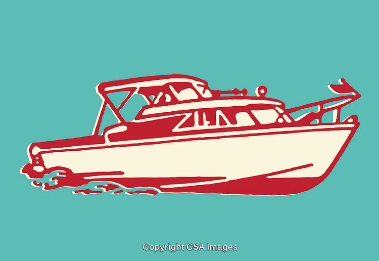 Stylized Line Art Illustration of Motorboat on Turquoise Background