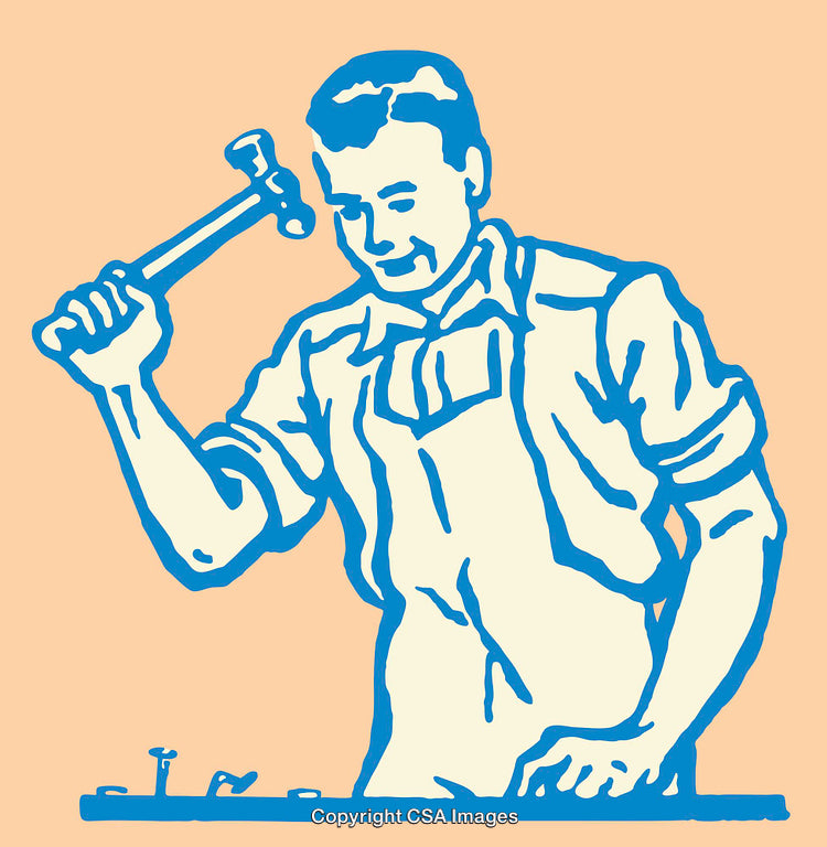 Retro Styled Illustration of a Carpenter Holding a Hammer at Workbench