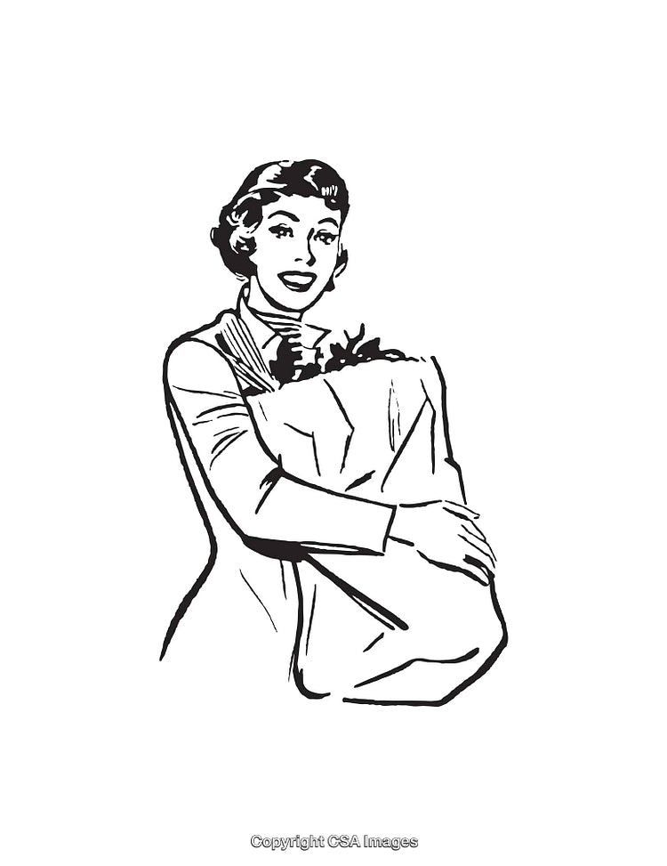Retro Style Black and White Line Art of Woman Holding Groceries