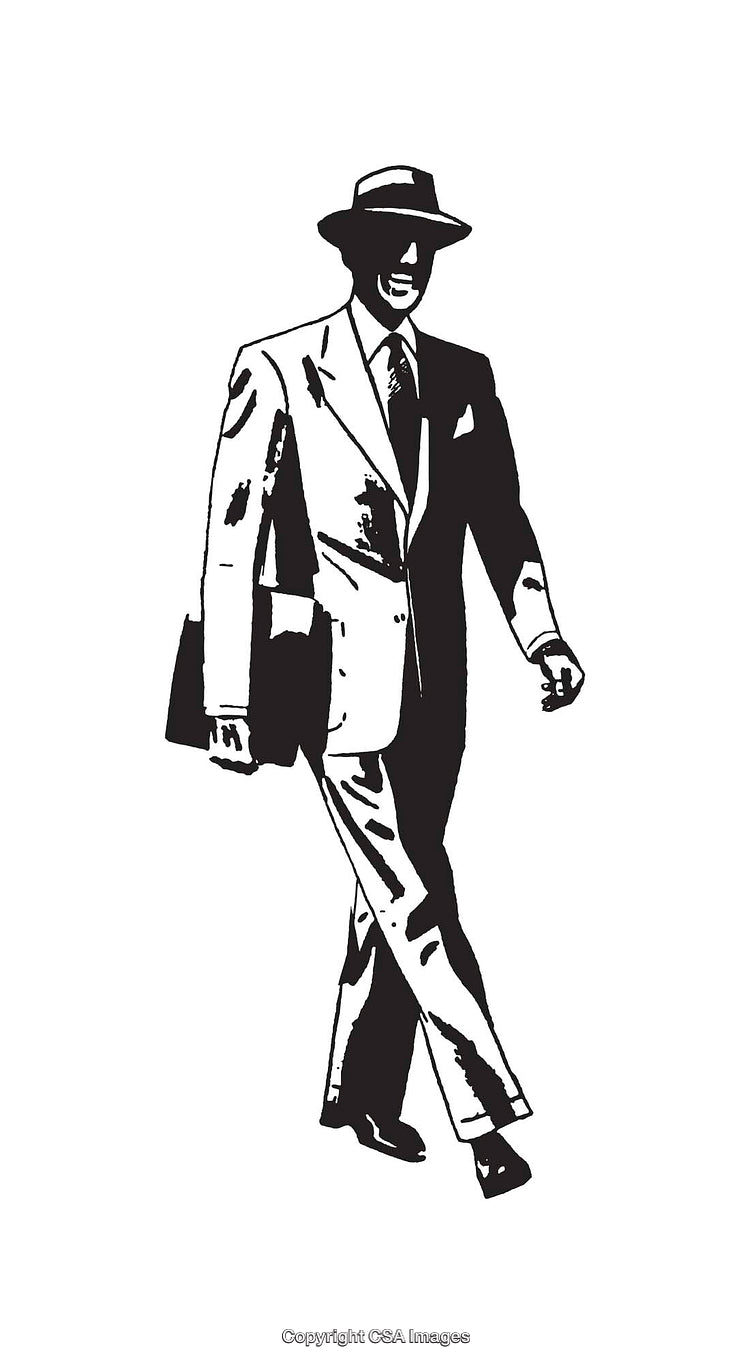 Black and White Line Art of a Businessman Walking Confidently