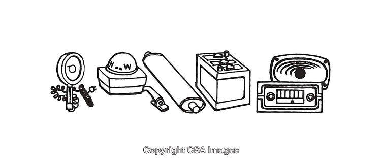 Black and White Line Art Illustrations of Mechanical and Electrical Objects