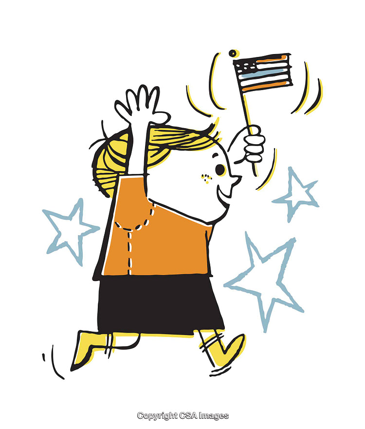 Cheerful Cartoon Child Waving American Flag with Excited Expressionly