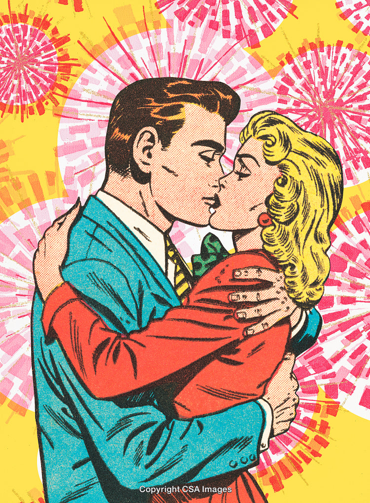 Colorful Comic Style Illustration of a Couple Kissing With Fireworks Background