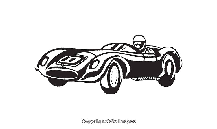 Black and White Line Art of a Classic Race Car with Driver