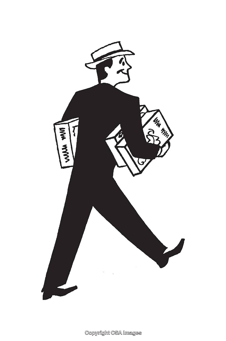 Retro Black And White Drawing of Man Carrying Boxes In A Hat