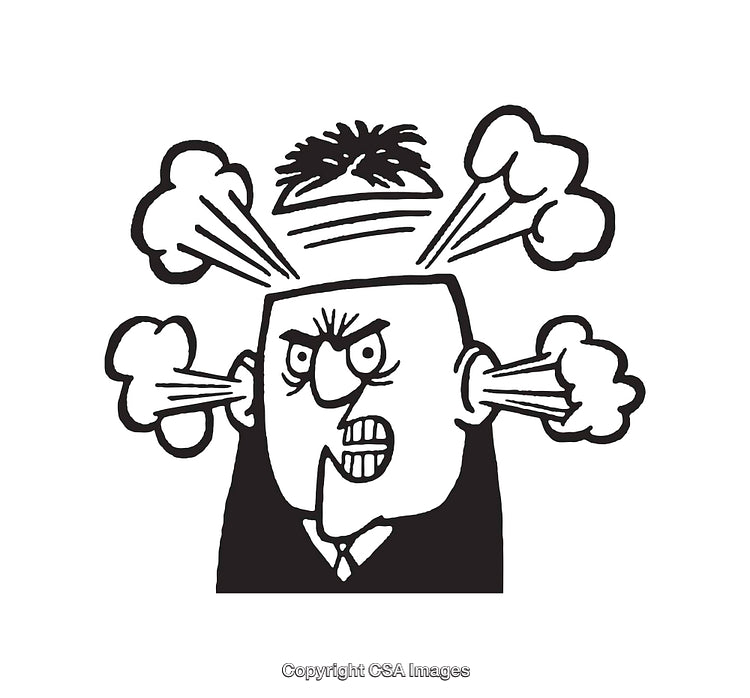 Black and White Cartoon of An Angry Person with Steam Clouds