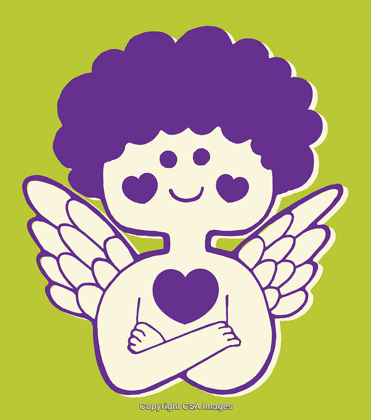 Purple Angel Cartoon Drawing with Heart Symbol on Green Background