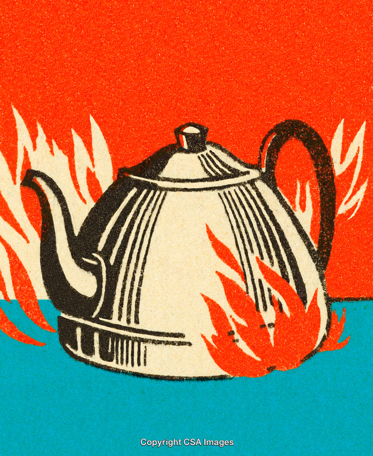 Illustration of Teapot in Flames Set Against Vibrant Red and Blue Background