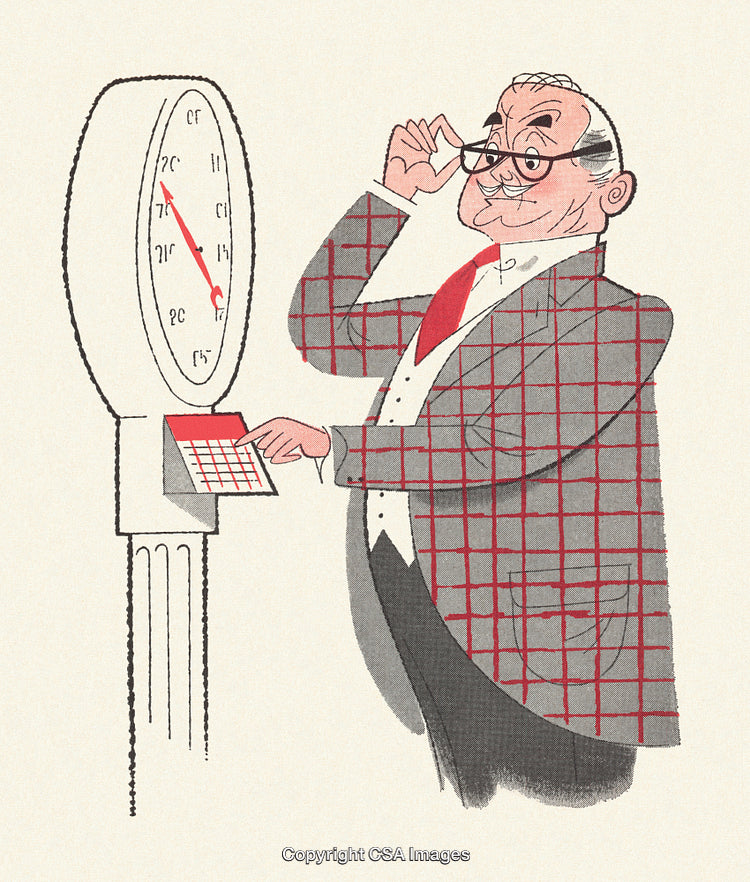 Illustration of a Vintage Businessman Examining a Clock and a Paper Sheet