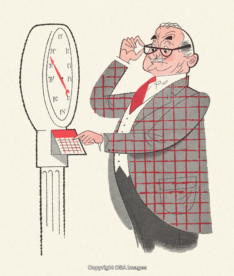 Illustration of a Vintage Businessman Examining a Clock and a Paper Sheet